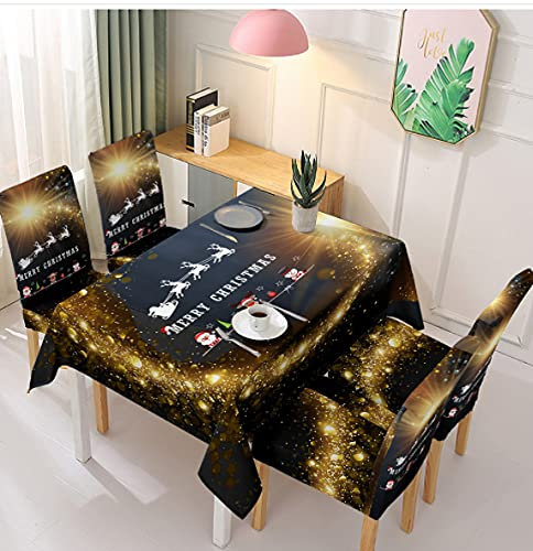 eBoutik Hochwertige Weihnachtstischdecke – Deluxe, wasserdicht, Tischschutz, waschbare Tischdecke für Küche, Dekoration, 4 Stuhlhussen, Dekoration (Schwarz und Gold, Frohe Weihnachten)