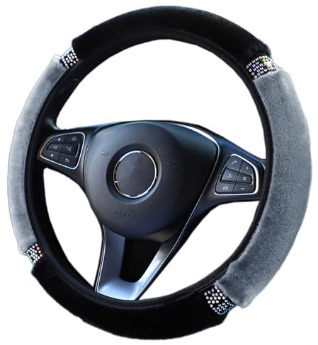 Universal Auto Lenkradbezug Glitzer Bling Plüsch Lenkradhülle,Warm Winter-Schutz rutschfest Teleskop Lenkrad Abdeckung Rhinestones Auto-Dekorzubehör Lenkradabdeckung Lenkradschoner für Damen,Grau