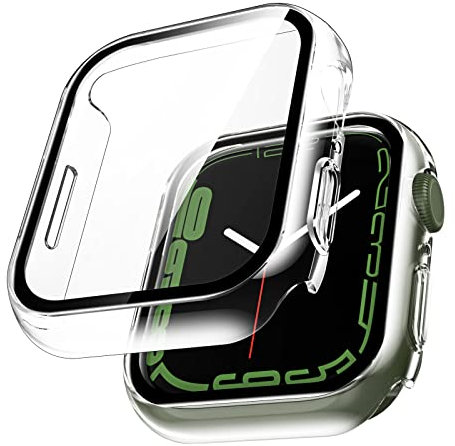 LϟK 2 Pezzi Trasparente Cover per Apple Watch Series 9 / Series 8 / Series 7 45mm con Vetro Temperato - Copertura Completa Custodia Rigida HD Clear Pellicola Protettiva