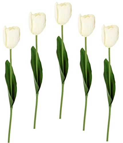 Flair Flower Künstliche Real Touch Tulpen Tulpenknospen Blüten Frühjahrsdeko Frühlingsdeko Osterdeko Gefälschte Hochzeit Dekoration Einzelblume Stielblume Seidenblume, 021030W, Weiß, 67x4x4 cm