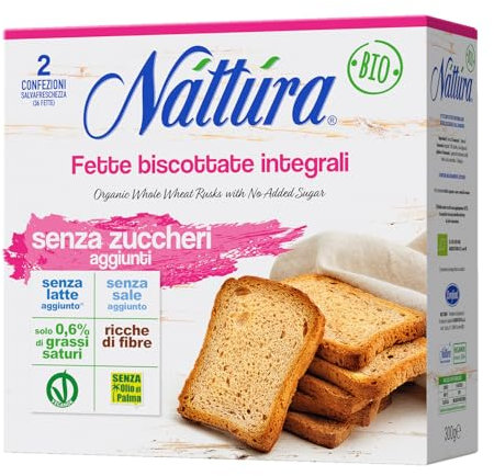 NATTURA Fette Biscottate Integrali Senza Zuccheri, Ricche di Fibre, Senza Latte, Senza Olio di Palma, di Bassi Grassi Saturi, Senza Sale, Prodotto Vegano, 300 g