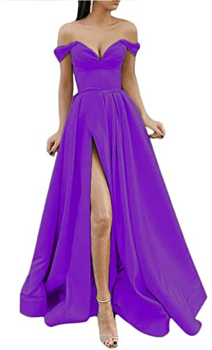 ORANDESIGNE Vestiti di Raso Abito da Cerimonia Donna Elegante Vestiti da Sera Monospalla per Festa Compleanno Bridesmaid Vestito Lunghe Scollo a V Senza Maniche Maxi Abito da Sera E Viola M
