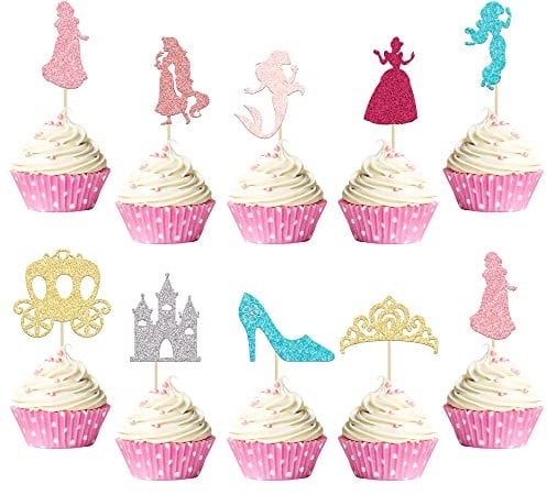 Gyufise 36Pcs Princess Cupcake Toppers Colorful Glitter Mermaid Girl Castle Carriage High Heel Crown Cupcake Picks Princess Theme Baby Shower Girls Birthday Party Cake Decorations Supplies