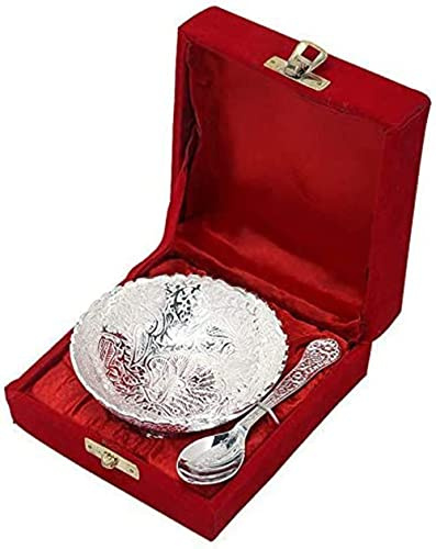 FIKIMOS Aluminium -Silver Plated Small Bowl Set with Spoon Size - 3.5 Inch Diameter Bowl, capacity -100 ml /3.38 OZ -30 Grams bowl weight