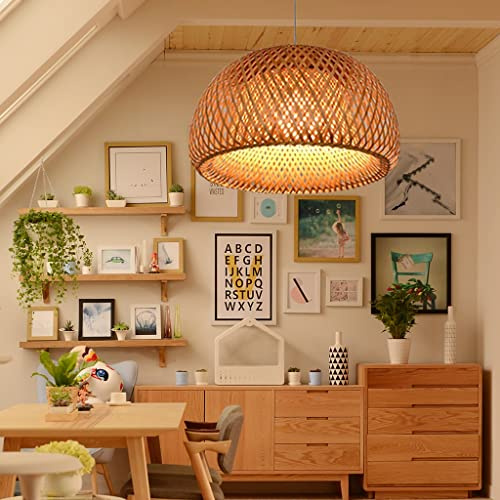 FWX Rattan-Lampe E27 Pendelleuchte Landhausstil Vintage Hängeleuchte Handgewebt Pendellampe Bambus Lampenschirm Höhenverstellbare Retro Kronleuchter Esszimmer Küche Hängend Decke Lampe(Größe:45cm)