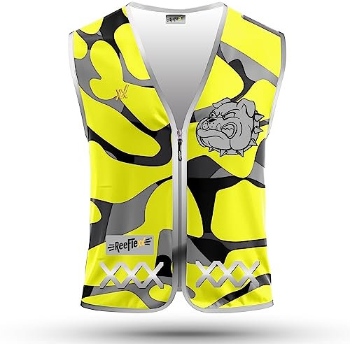 REEFLEXX Warnweste/Reflektorweste/Sicherheitsweste gelb für Kinder, erhöhte Sichtbarkeit im Straßenverkehr, Joggen, Fahrrad oder Auto (Yellow Camou Bulldog, M)
