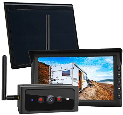 Lescars Kfz Kamera: 2in1-Solar-Funk-Rückfahrkamera- & Überwachungs-Set, Full HD 7-Monitor (Rueckfahrkamera, Rückfahrkamera solarbetrieben, Rückspiegel)