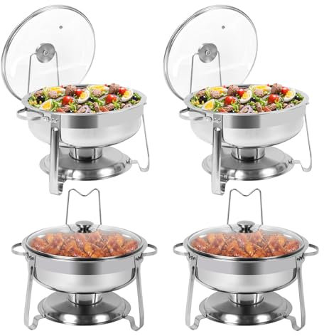 BriSunshine 4 Packs Chafing Dish Buffet Set, 4 QT Stainless Steel Round Chafing Dishes with Glass Lid & Lid Holder, Catering Food Warmers for Parties Buffet Weddings Events