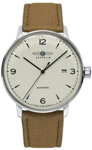 Zeppelin Herren Uhr Sustainable Planet Edition 8064-5_n – Made in Germany – Edelstahlgehäuse silberfarben – Eco-Keramik Zifferblatt beige – Armband aus recyceltem Meeresplastik – Mineralglas – 40 mm