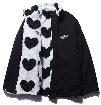 Sumleno Women's Fleece Sherpa Jackets Reversible Kawaii Heart Print Fuzzy Zip Up Cutecore Coats Aesthetic Y2k Gyaru Clothes (Black,M)