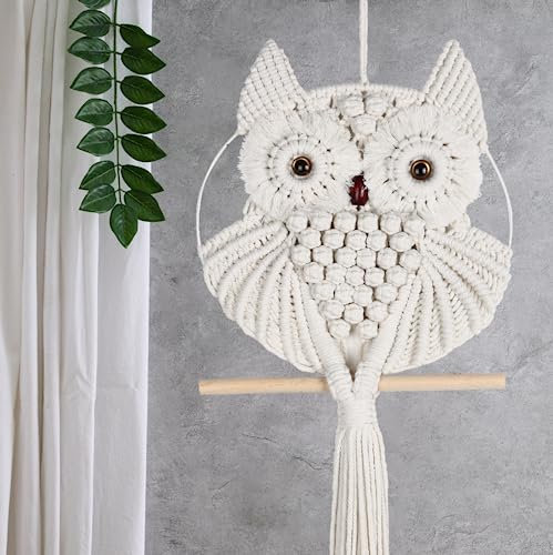Cuqizu Großer einzigartiger Makramee-Eulen-Wandbehang – großer handgefertigter Wandteppich für Schlafzimmer und Wohnzimmer – Eulen-Wandkunst – 100% Baumwolle,90 cm (Höhe) x 30 cm (Breite)