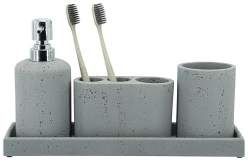 ZCCZ Set di 4 accessori da bagno bianco e nero con dispenser di sapone, porta spazzolino da denti, bicchiere da bagno e vassoio da toeletta, organizer decorativo per bancone