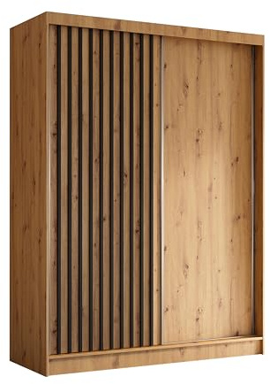 Margaret Hadas24 Kleiderschrank Erika mit Lamellen ohne Spiegel, Organizer, Mehrzweckschrank, Schwebetürenschrank, Garderobenschrank, Kleiderstange, Kleiderständer, Flurschrank, 160 cm, braun, schwarz