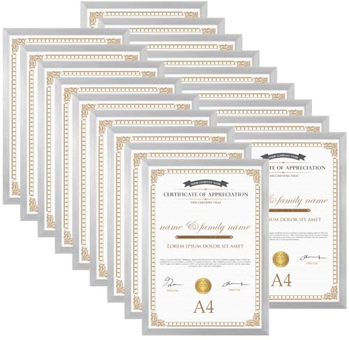 EYMPEU Bilderrahmen A4(21 x 29,7 cm) 18er-Set, für Wand und Tisch, geeignet für den Einsatz in Büros und Wohnungen, Silber