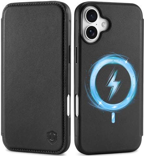 SHIELDON Case for iPhone 16 Plus 6.7, Genuine Leather Slim Wallet Case [Card Holder][RFID Blocking][Magnetic Wireless Charging] Shockproof Flip Folio Cover Compatible with iPhone 16 Plus 2024 - Black