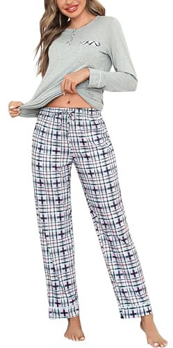 Aseniza Pyjama Femme Hiver Coton Ensembles de Pyjama Femmes Chauds Manches Longues Vêtements de Nuit Pantalon à Carreaux Loungewear 2 Pièces M