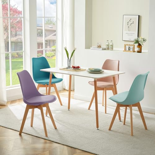 LafeuR Essgruppen Esstisch mit 4 Stühlen, 4er Set Esszimmerstühle und Rechteckig Küchentisch Esszimmergruppe für Wohnzimmer Küche Büro(Weiß Tisch + Mintgrün&Türkis&Rauchrosa&Lila Stuhl)