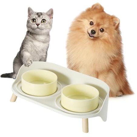 Elevated Ceramic Dog Bowl Set - Double Dog Bowls with Splash Proof Stand - Dog Food and Water Bowl Set - Candy Colored Dog Feeding Bowls - Pet Dishes for Cats and Puppies - 1 Cup (10 fl oz) - Yellow