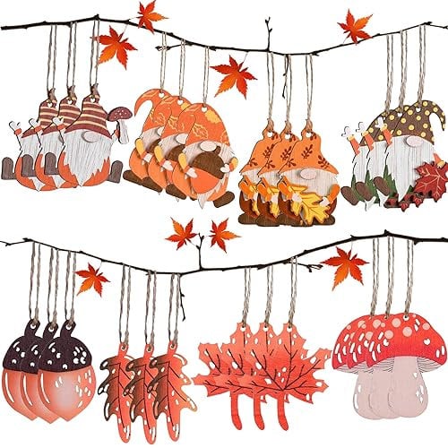 24Pcs Anhänger Dekoration, Herbstdeko Innen/Draußen, Deko Anhänger Herbst mit 10m Seil, Thanksgiving Deko, Holz Ahornblatt für Herbst und Erntedankdekorationen
