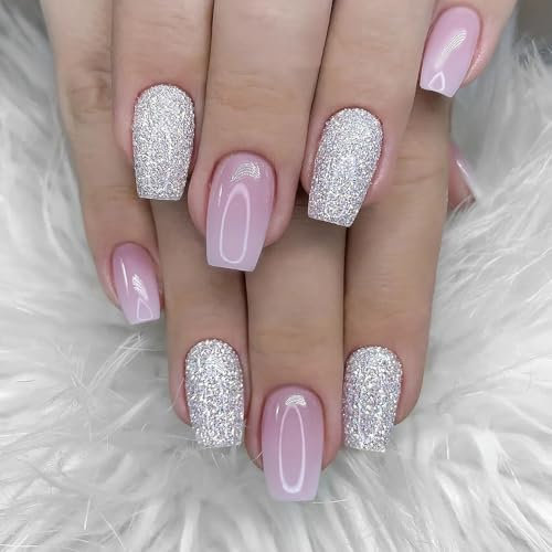 24PCS Coffin False Nails Long - Gradient Pink Fake Nails with Glue - Glitter Acrylic Press on Nails - Strong Stick on Nails for Women - Full Cover Nail Tips and Glue Self-Adhesive