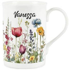 Purely Home Personalised Wildflower Mug - Floral Meadow Poppies - Customisable Bone China Mug Coffee/Tea Present Gift
