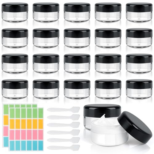 AiQInu 20 Pièces Contenant Voyage 30ml, Petit Pots Vide Cosmétiques Transparent, Pot Plastique avec 6 Spatule et 48 Étiquette, Pots Cosmétiques Vide