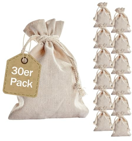 SPRINTIS Leinensäckchen naturfarben, 13 x 18 cm (30 Stück) - Leinenbeutel mit doppelter Baumwollkordel - für Hochzeit, Weihnachten, DIY Deko, Adventssäckchen