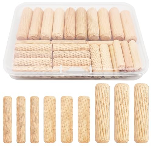 30Pcs Wooden Dowels Assorted, M6 M8 M10 Fluted Wood Dowel Pins, Hard Wood Grooved Plug, 1/4 5/16 3/8 Inch Furniture Woodwork Straight Grooved Dowel for Crafts, Furniture, DIY, Carpentry (6mm 8mm 10mm)