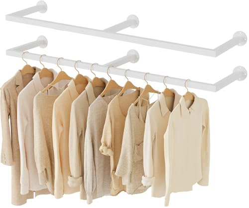 Yawinhe Tringle à Vêtements Industriel en Tuyaux, Porte Manteau Mural 140cm, Penderie Murale Rail, Amovible, pour Buanderie, Chambre à Coucher, Blanc, 2-Pack, SYJ140W-2