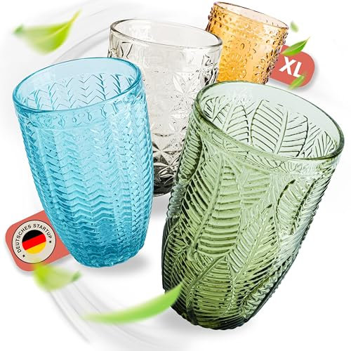 Norqvist Trinkgläser Set bunt - Gläser Set - Wassergläser farbig, Saftgläser - 4er Set 360 ml - Spülmaschinengeeignet - Modernes Design mit Mustern