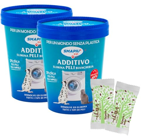 Eliminador de pelo aditivo para lavadora, solución para la colada con pelo de mascotas, 2 paquetes de 500 g Smapiu Pet + 2 jabones Ohana de regalo