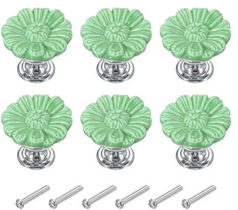 PATIKIL Vintage Floral Knobs, 1-5/16 Round, 6 Pcs Green Ceramic & Zinc Alloy Dresser Knobs with Screws for Kitchen, Bathroom, Cupboard & Wardrobe