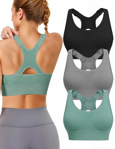 Sports Bras for Women High Support: Adjustable Strap 3 Pack High Impact Plus Size Supportive Padded Racerback Push up Sport Bra Multipack with Sewn in Pads for Large Bust Workout Running Gym Yoga