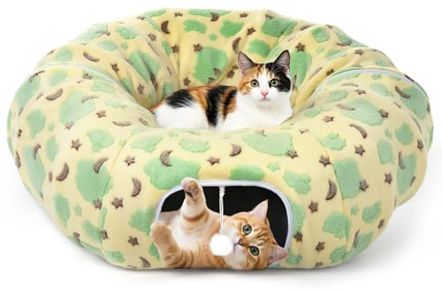 Tivray Katzentunnel für Wohnungskatzen, 90 cm Plüsch-Tunnelbett mit Spielball & Rundkissen, Interaktive Peekaboo-Höhle, Katzen, Kätzchen & Kaninchen, Gelb & Wolken