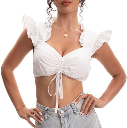 Dirndl-blus för kvinnor, traditionell vit, traditionell damblus, dirndl med dragsko och vingärmar för oktoberfest, Vit, M