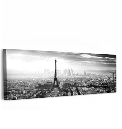 MuchoWow© Wandbilder Schlafzimmer Home Deko XXL Wandbild Wohnung Bild | 150x50 cm - Wohnzimmer Fotoleinwand Panorama Leinwand Wall Decor Groß Paris - Skyline - Eiffelturm - Stadt - Wolken