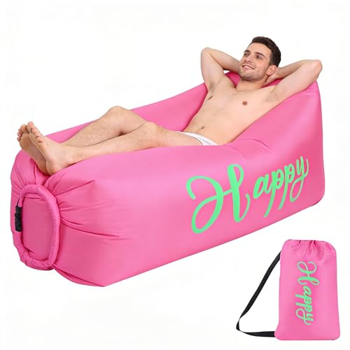Xiyocadt Aufblasbares Sofa Luftsofa 160×75×55 cm – Tragbare Faltbare Outdoor Liege mit Tragetasche, Bequeme Aufblasbare Couch für Camping, Strand, Garten & Reisen (Magenta Happy)