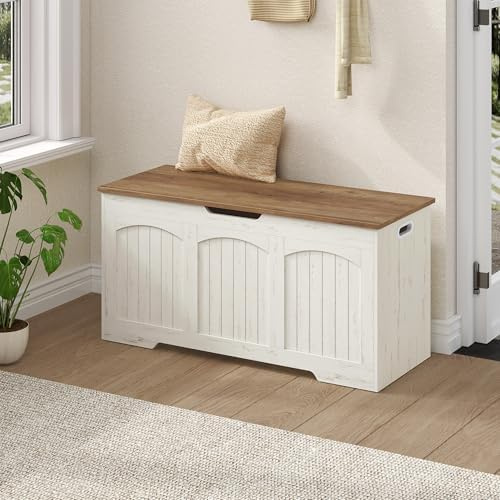 Fobyfurny Cassapanca Contenitore in Legno, 100 x 40 x 48 cm, Bianco/Marrone
