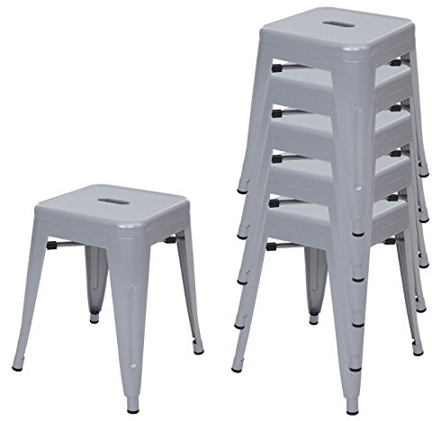 Mendler 6er-Set Hocker HWC-A73 Metall Industriedesign stapelbar - grau | Metallhocker, Sitzhocker