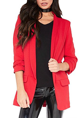 GirlzWalk Women's Ladies 3/4 Sleeve Coat Ruffle Frill Open Front Blazer Jacket Duster (Red, XL 16-18)