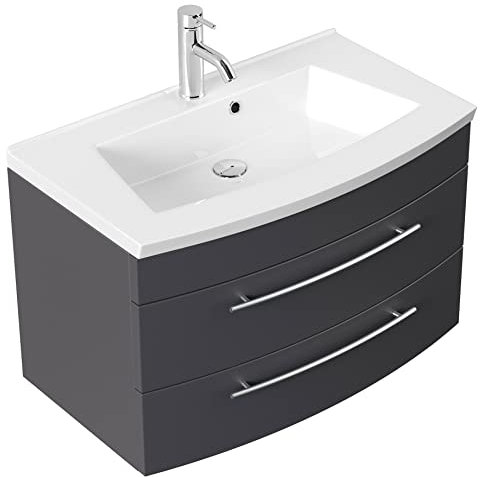 emotion | Waschbecken mit Unterschrank in Anthrazit Seidenglanz | Made in Germany | B82 x H53,2 x T49 cm | Waschtischunterschrank mit Zwei Schubladen | Mineralgussbecken für designvolle Badezimmer