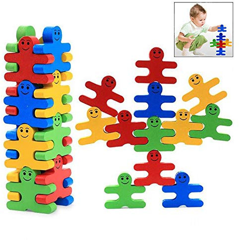 iwobi 16 Stück Kreative Holz Bausteine, Bunte Holzbausteine Kinder Intelligenz Lernspielzeug
