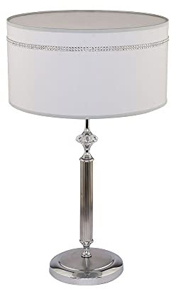 Licht-Erlebnisse Glanzvolle Tischlampe rund 57cm hoch Modern Stoff Schirm in Hellgrau Chrom UMNU Nachttischleuchte