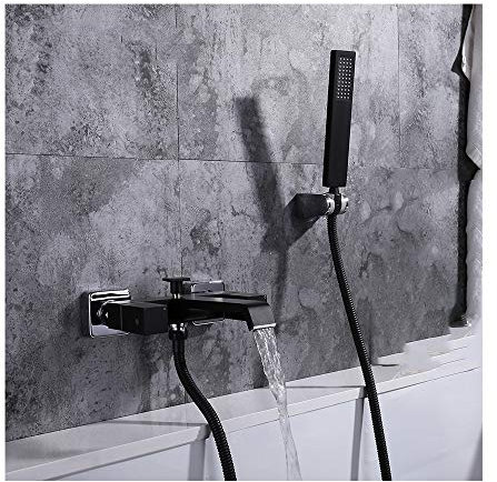 GLYYR Messing Wasserfall Badewannenarmaturen mit Kaltes und Heißes Wasser Schwarz Wandhalterung Badewanne Wasserhahn mit Handbrause