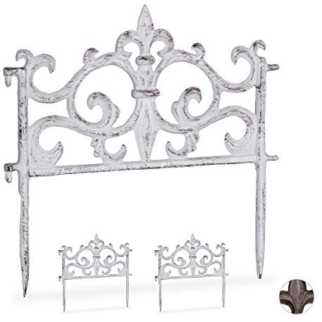 Bordure de jardin, lot de 3, fonte de fer, clôture jardin en métal, piquet plate-bande, antiquités, 27 x 27 cm, blanc
