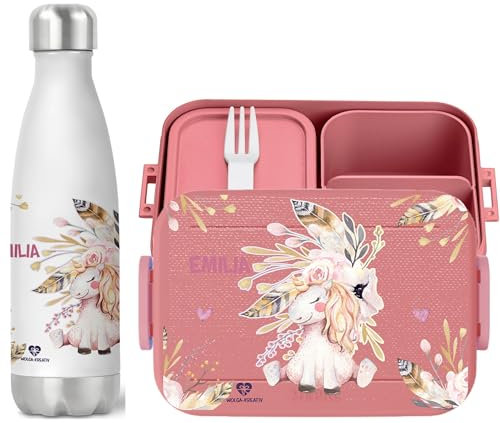 wolga-kreativ Personalisiertes Set Mepal Brotdose und Trinkflasche Einhorn Blumen für Jungen und Mädchen - Bento Lunchbox mit Fächern und Unterteilung Geschenk Schule Kindergarten