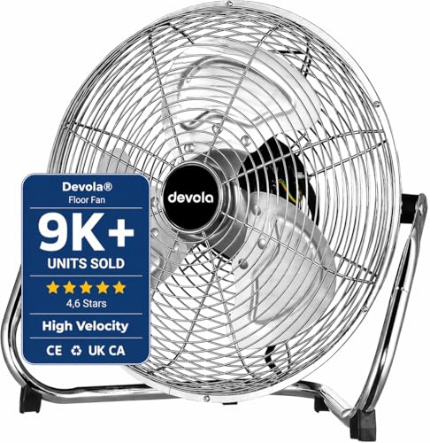 Devola High Velocity Floor Fan 16 Inch, Portable Powerful Industrial Fan for Home, Gym, Office & Warehouse, High Powered Cooling, 3 Speeds, Adjustable Head, Cord Storage Bracket, Chrome, DV16FFC