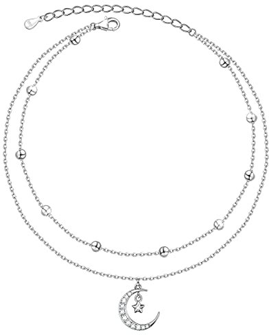 HOOHWE Bracelet de cheville réglable en argent sterling S925 avec papillon/ancre/tortue de mer/croix/tournesol/lune pour femmes et filles, 9 inches, Argent sterling, Oxyde de zirconium