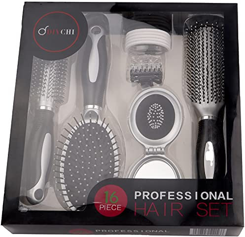 DIVCHI Professional 16 Piece Hair Care Kit Set Features Curling Brush Paddle Brush Styling Brush Butterfly Clips a Compact Brush Mirror and Hair Bands for Womens & Girls