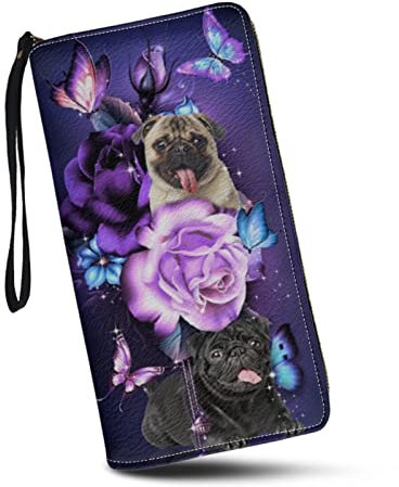 SCRAWLGOD Magican Butterfly Geldbörsen für Frauen mit Reißverschluss, Kartenhalter, Clutch, PU-Leder, Lange Geldbörse, Mops magische Blume Schmetterling